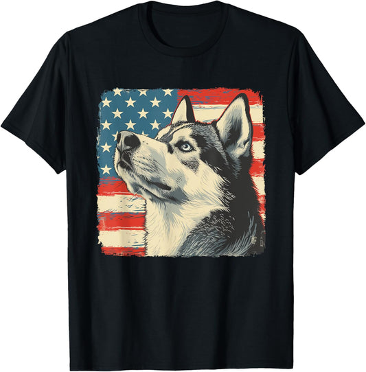 America Flag Fourth of July Siberian Husky Dog Sunglasses T-Shirt