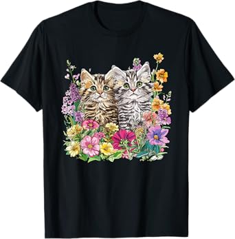 Cute Kittens in Flower Garden T-Shirt