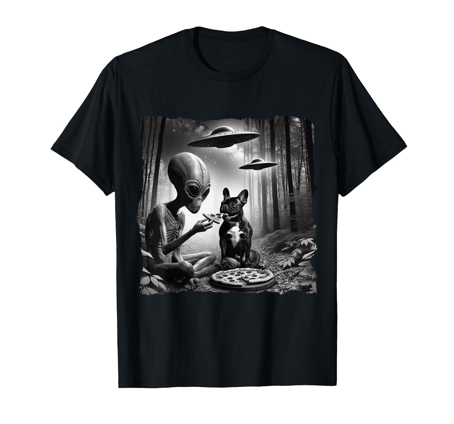 French Bulldog With Alien Eating Pizza. UFO French Bulldog Men Women Kids T-Shirt
