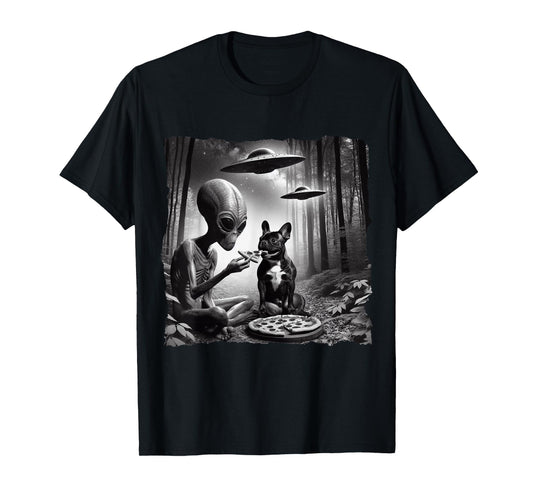 French Bulldog With Alien Eating Pizza. UFO French Bulldog Men Women Kids T-Shirt