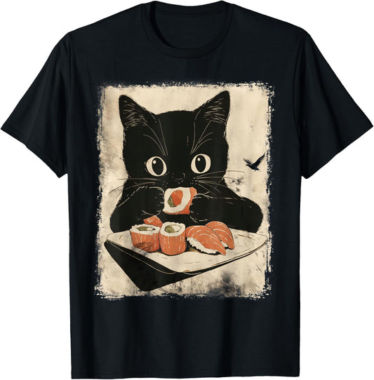 Kawaii Cat Eating Sushi Funny Japanese Anime Cute Cat Girls T-Shirt