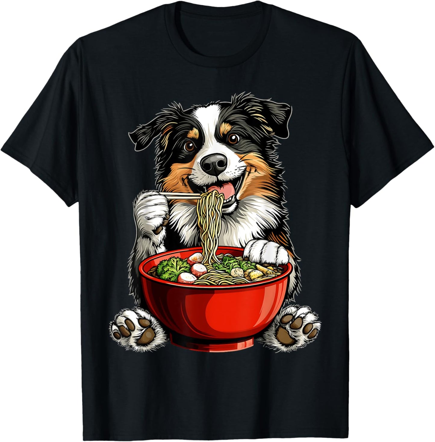 Border Collie Dog Eating Ramen Bowl Japanese Noodles T-Shirt