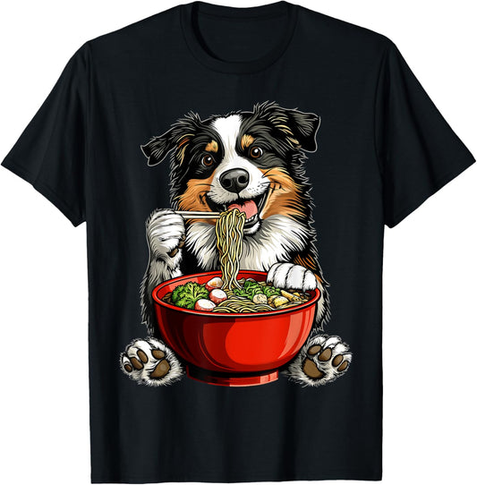Border Collie Dog Eating Ramen Bowl Japanese Noodles T-Shirt