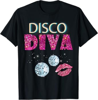 Disco Diva Ladies Disco Gold Ball Silver Red Lips T-Shirt