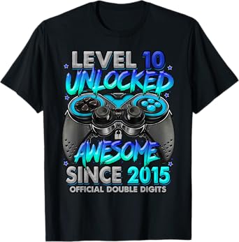 Level 10 Unlocked Awesome Since 2015 10th Birthday Gaming T-Shirt