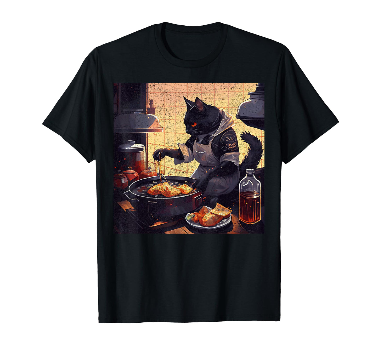 Black Cat Cooking Fried Chicken Men Women Girls Kids T-Shirt
