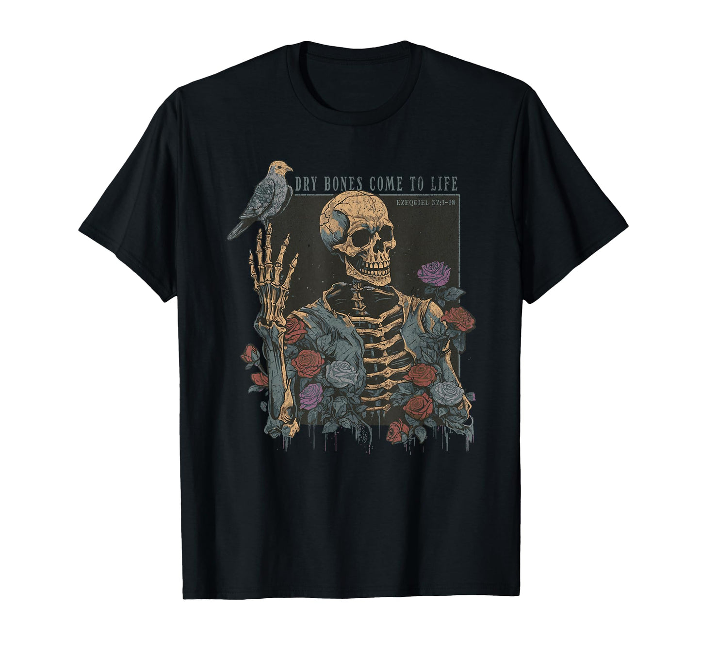 Dry Bones Come to Life Skeleton Bird Flower Nature Halloween T-Shirt