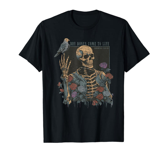 Dry Bones Come to Life Skeleton Bird Flower Nature Halloween T-Shirt