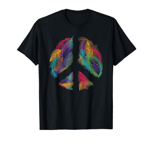 Peace Sign Colorful Feathers Hippie Peace Symbol Retro T-Shirt