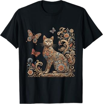 Cottagecore Cat Shirt Vintage Floral Butterfly Kitten Lover T-Shirt