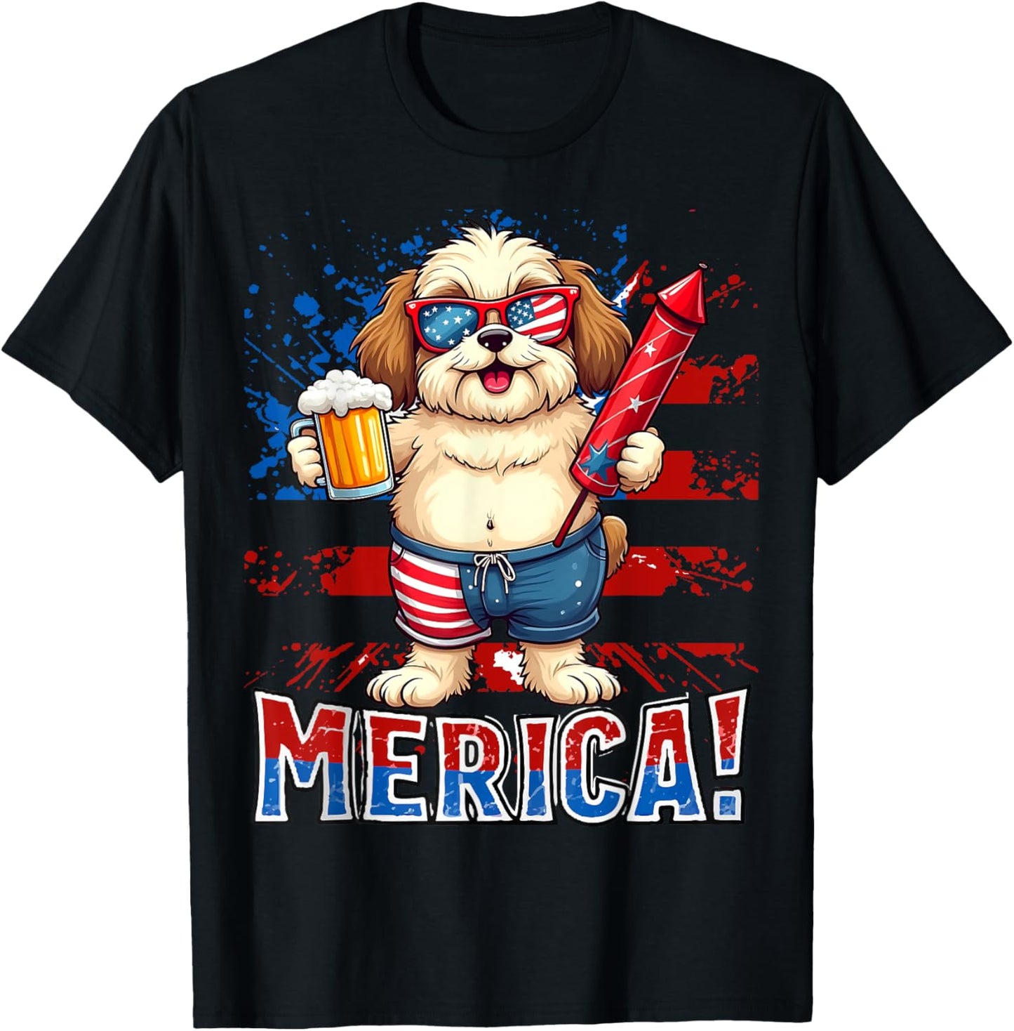 Drunk Shih Tzu Merica Firework Beer Patriotic 4th of July T-Shirt