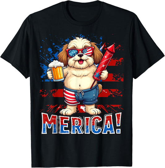 Drunk Shih Tzu Merica Firework Beer Patriotic 4th of July T-Shirt