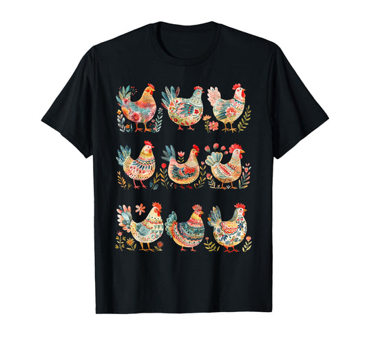 Cottagecore Floral Chicken Folk Art Scandi Farm Animal Lover T-Shirt