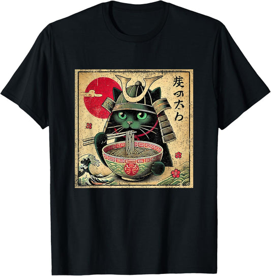Cat Ramen Japanese Funny Samurai Kawaii Cat Anime Girls Boys T-Shirt