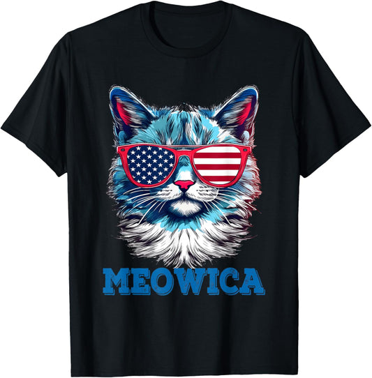 Patriotic Cat Sunglasses American Flag 4th of July Meowica T-Shirt