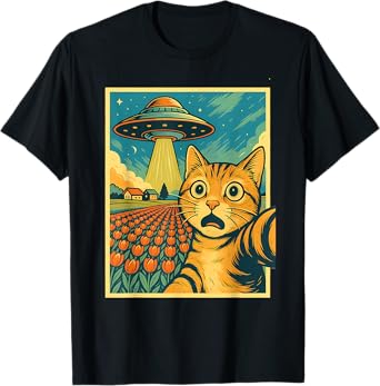 Cat Selfie With Alien UFO Tulip Funny Anime Kawaii Graphic Men Women Kids T-Shirt