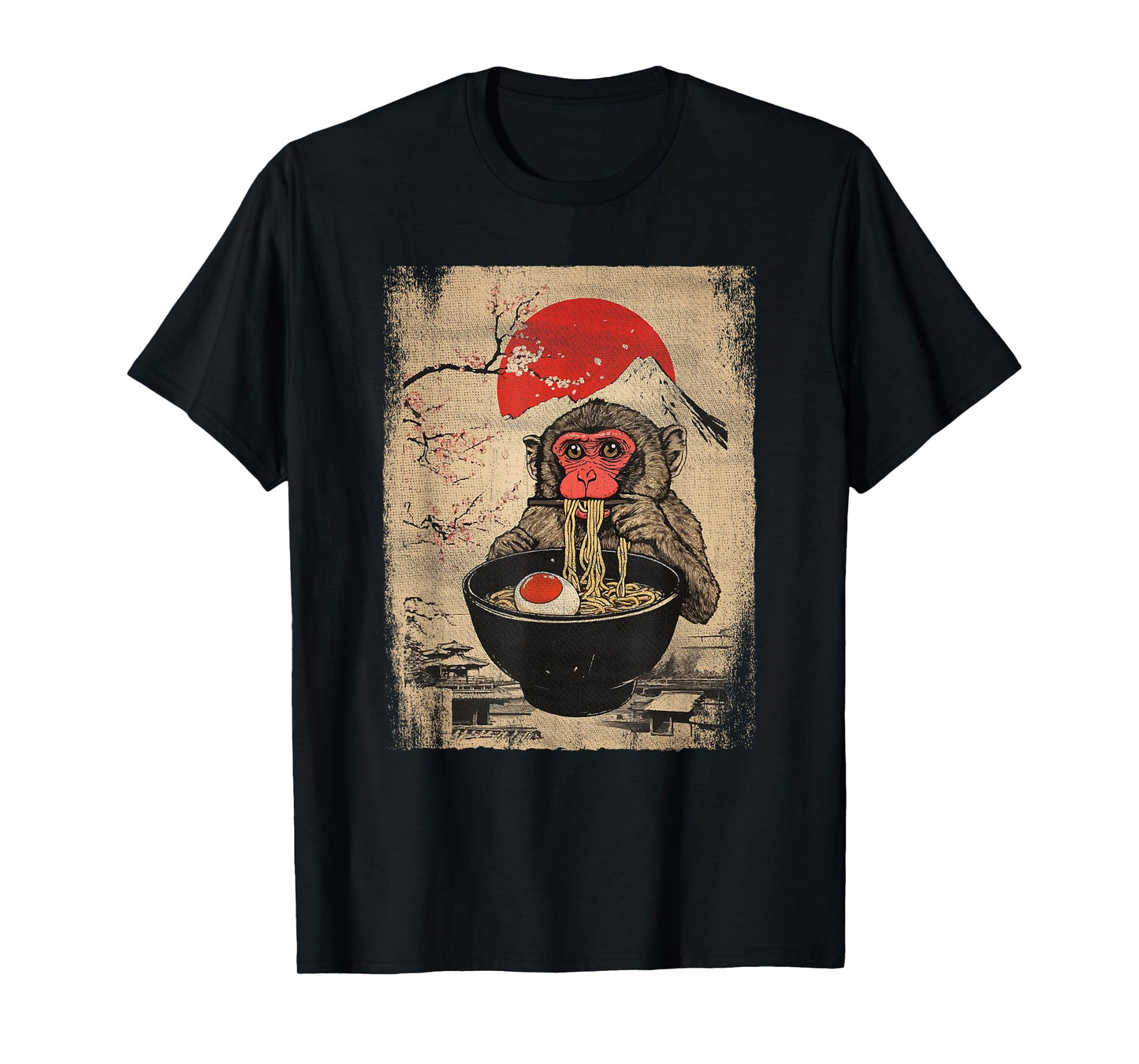 Japanese Woodblock Graphic Macaque Eating Ramen Monkey Lover T-Shirt