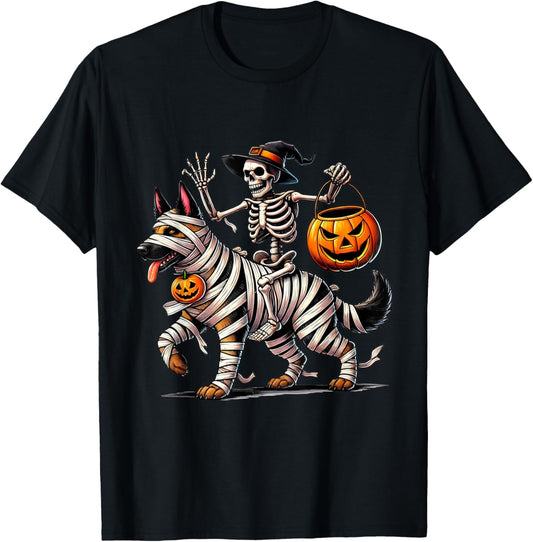 Halloween Mummy Skeleton Riding German Shepherd Dog T-Shirt