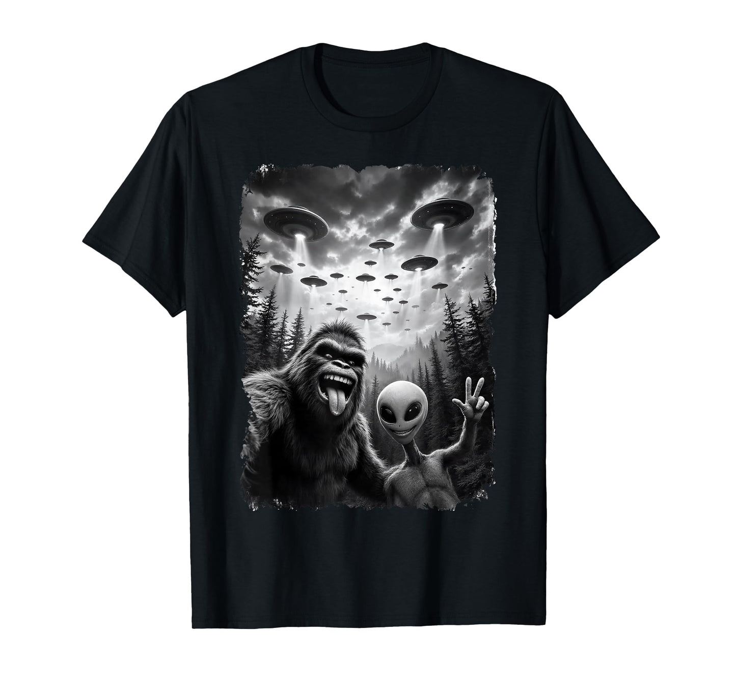 Funny Bigfoot and Alien Sasquatch Bruh Selfie T-Shirt