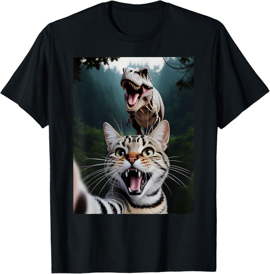 Cat Selfie with T-Rex Dino Funny Cat Gifts Men Women Kids T-Shirt
