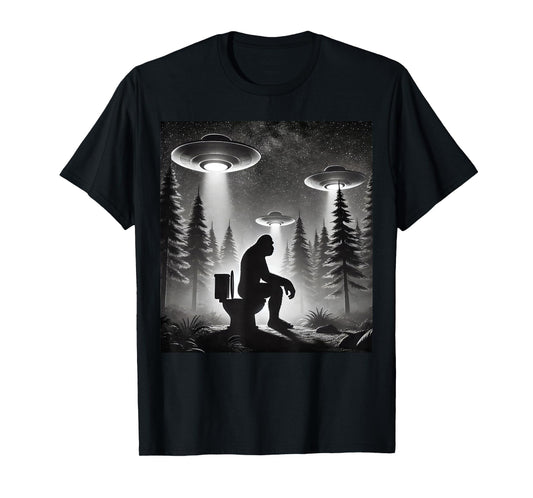 Funny Bigfoot Sasquatch Taking a Dump Alien UFOs T-Shirt