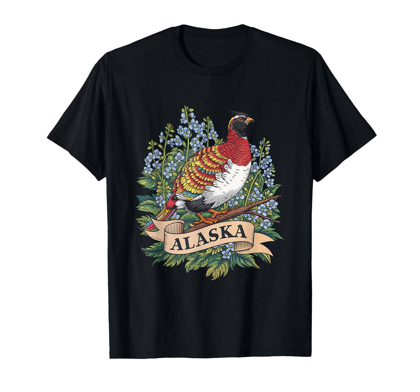 Alaska Willow Ptarmigan Bird and Forget-Me-Not Flower T-Shirt