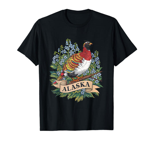 Alaska Willow Ptarmigan Bird and Forget-Me-Not Flower T-Shirt