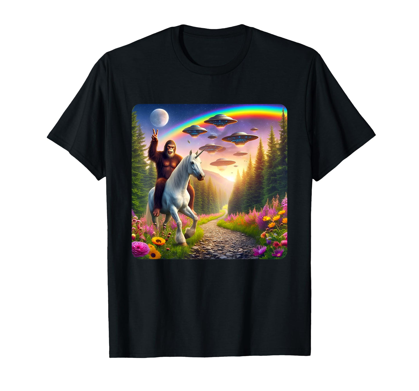 Bigfoot Riding Unicorn Funny Bigfoot Unicorn Selfie UFO T-Shirt
