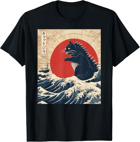 Funny Cat Kaiju Japanese Sunset Vintage Catzilla Great Wave T-Shirt