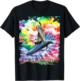 Cat Riding Dolphin Trippy Tie Dye T-Shirt