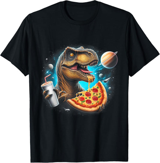 Dinosaur T-Rex Eating Pizza in Space galaxy for Kids T-Shirt