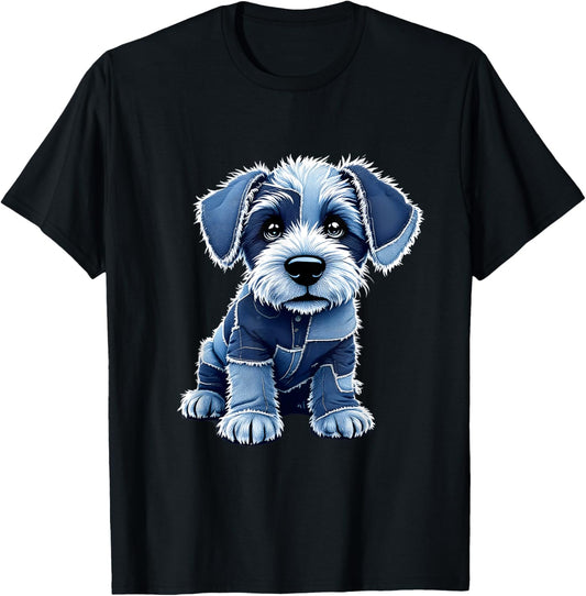 Dog Pattern Denim Patchwork Graphic T-Shirt