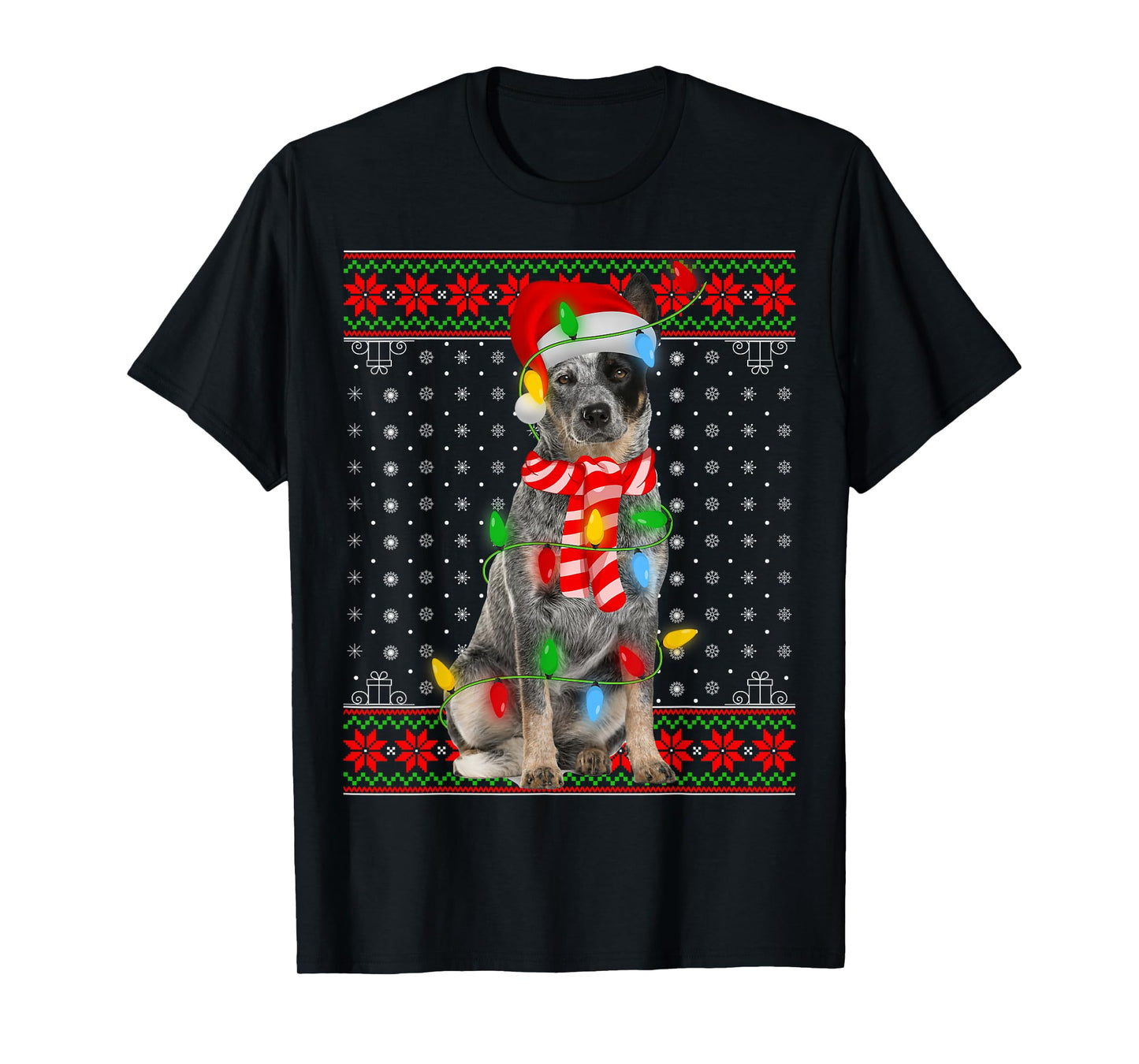 Ugly Xmas Dog Lights Santa Hat Blue Heeler Dog Christmas Men Women Girls Kids T-Shirt