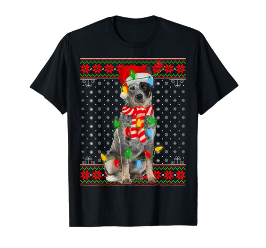 Ugly Xmas Dog Lights Santa Hat Blue Heeler Dog Christmas Men Women Girls Kids T-Shirt