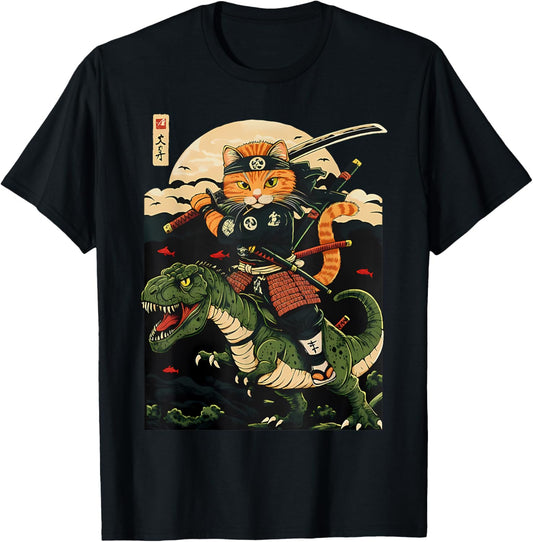 Samurai Cat Riding Dinosaur Japanese Ukiyo-e Cat Samurai T-Shirt for Men Women