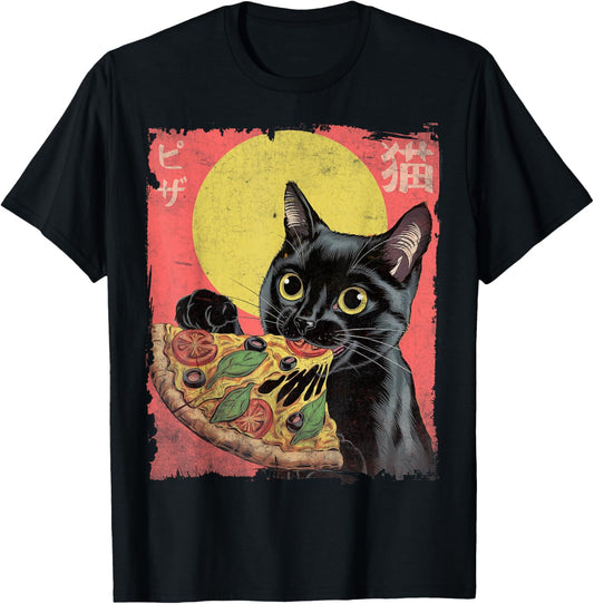 Aesthetic Cat Eating Pizza Japanese Kawaii Anime Cat Pizza T-Shirt