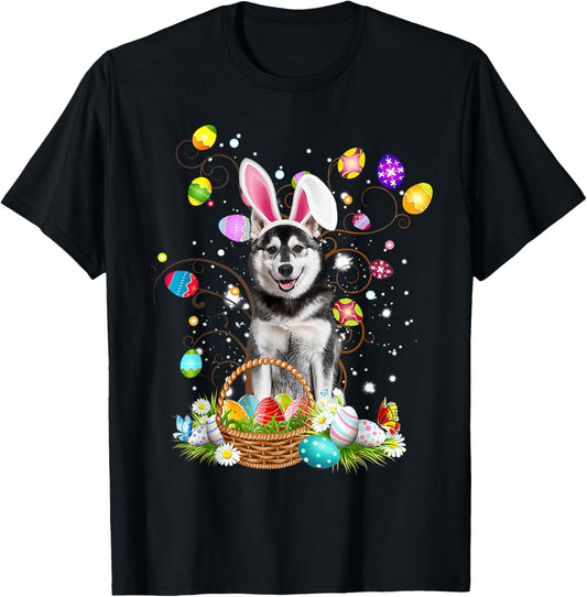 Husky Dog Easter Egg Hunting Basket Easter Day T-Shirt