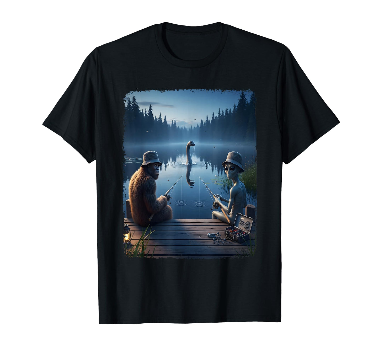 Funny Cryptid Fishing Loch Ness Selfie Top Alien Bigfoot T-Shirt