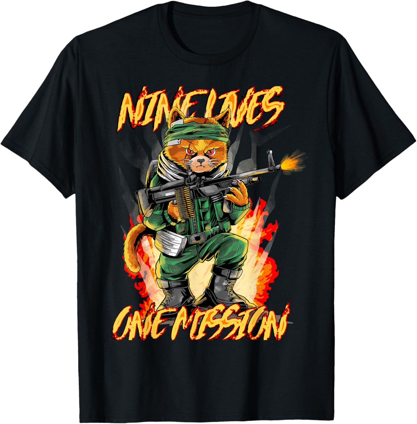 Nine Lives One Mission Cat with M60 Machine Gun Graphic T-Shirt