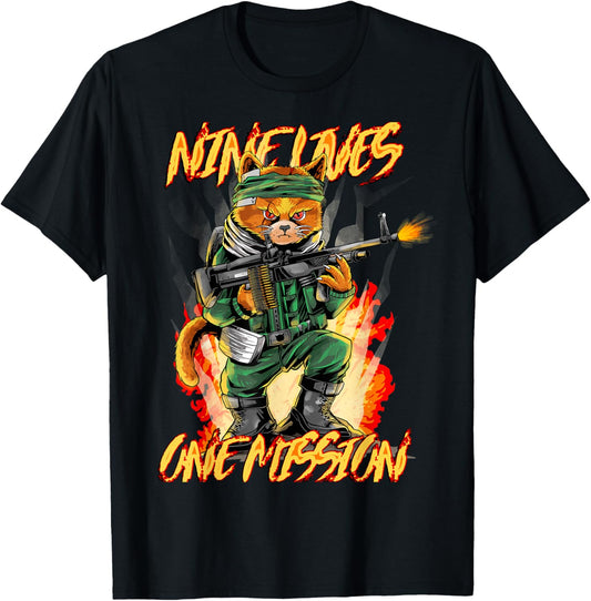 Nine Lives One Mission Cat with M60 Machine Gun Graphic T-Shirt