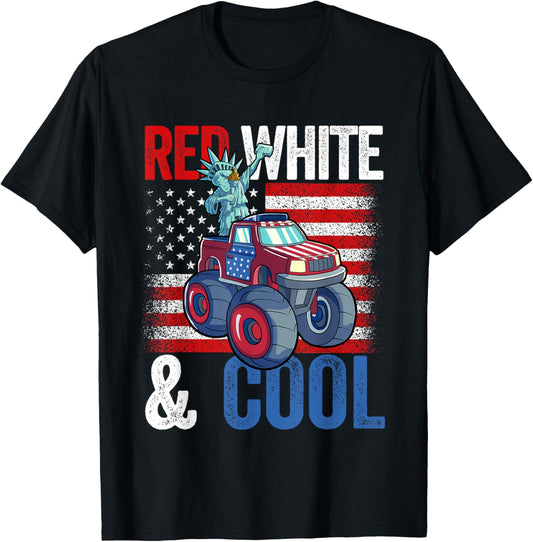 Monster Truck Statue Liberty 4th Of July Boys American Flag T-Shirt
