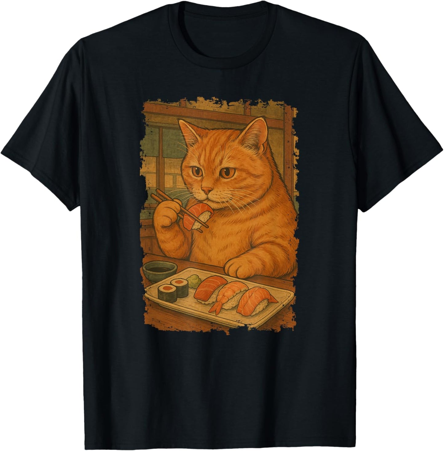 Orange Tabby Cat Eats Sushi Japanese Vintage T-Shirt
