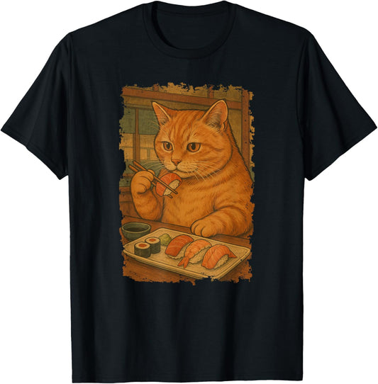 Orange Tabby Cat Eats Sushi Japanese Vintage T-Shirt