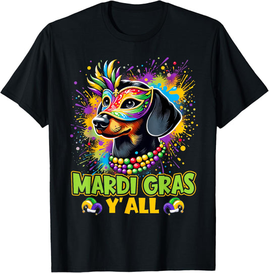Dachshund Dog Mardi Gras Y'all With Beads Mask Colorful T-Shirt
