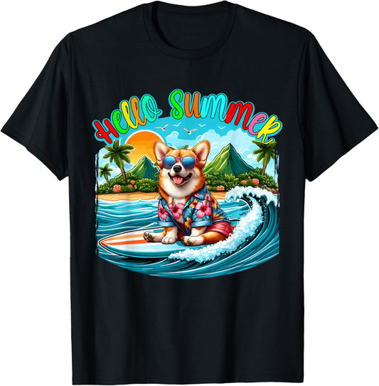 Summer Costume Corgi Sunglasses Surfing On Beach Surfer T-Shirt