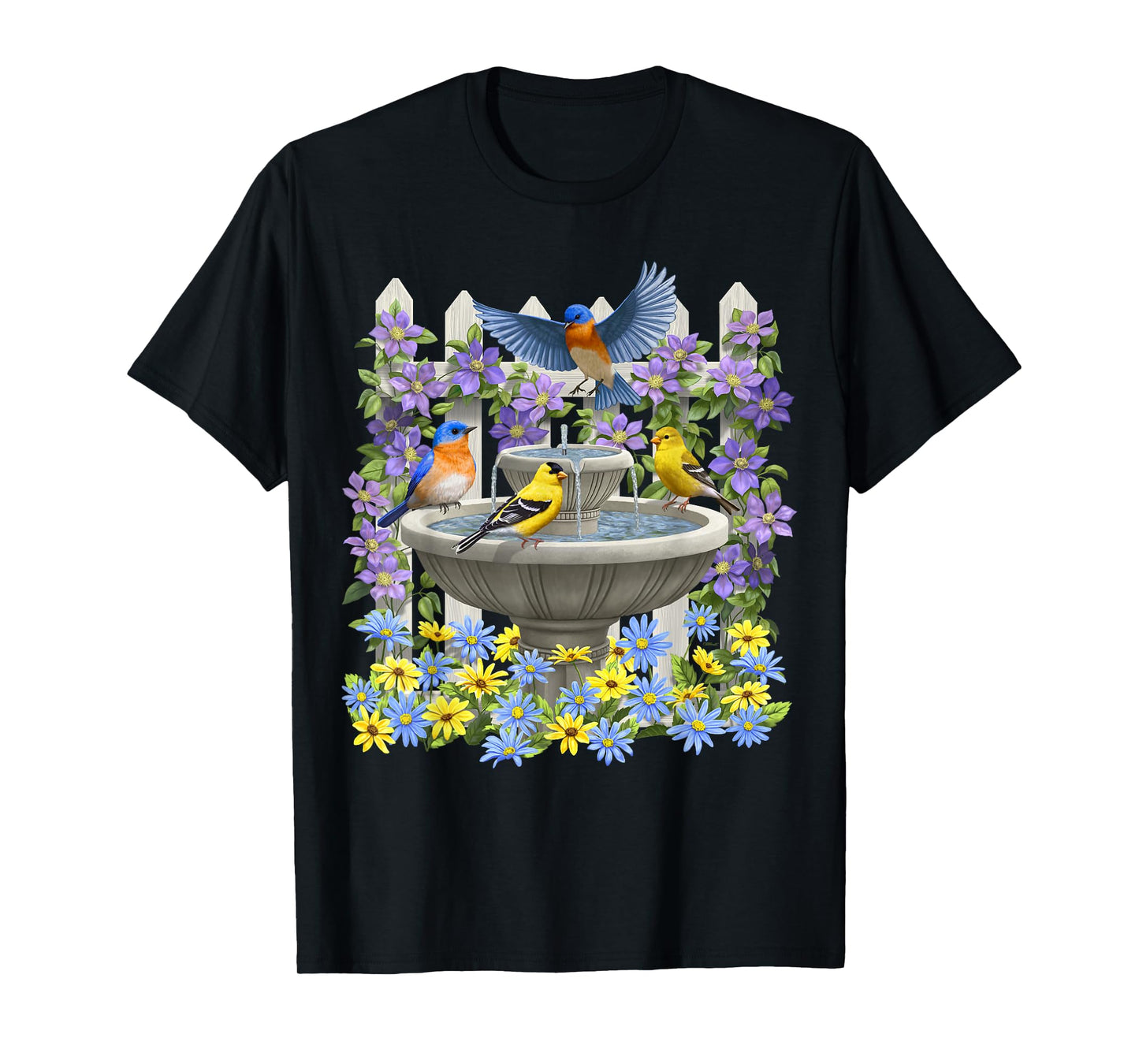 Bluebirds Goldfinches & Bird Bath Flower Garden T-Shirt