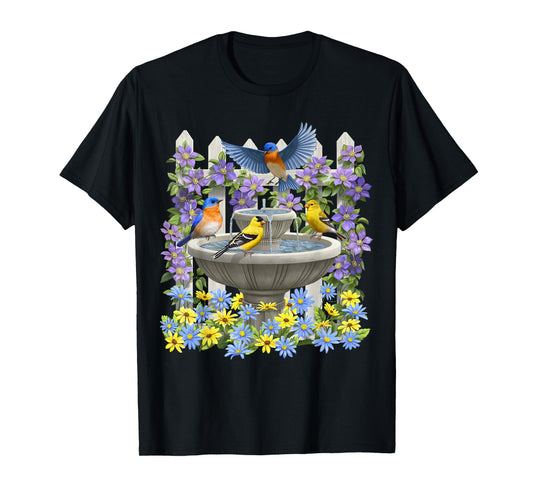 Bluebirds Goldfinches & Bird Bath Flower Garden T-Shirt
