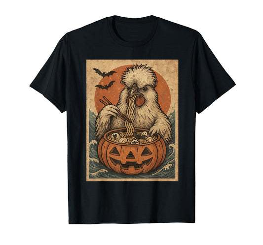 Funny Spooky Silkie Chicken Pumpkin Japanese Ramen Noodles T-Shirt