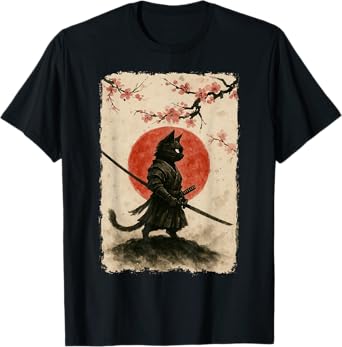 Samurai Cat Bushido Vintage Ukiyo E Japanese Graphic Art T-Shirt for Men Women Kids