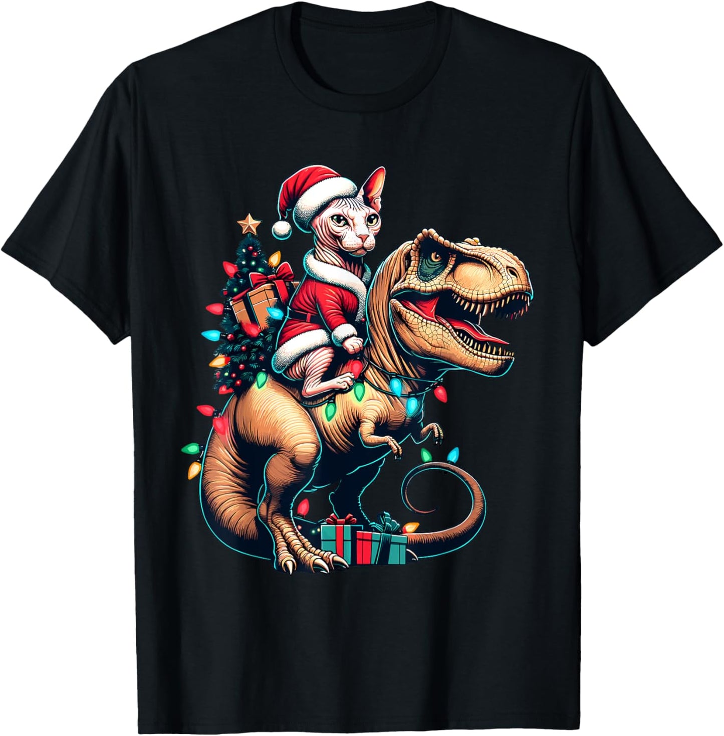 Funny Sphynx Cat Rides Santa T-Rex Vintage Christmas Sphynx T-Shirt for Men Women Kids
